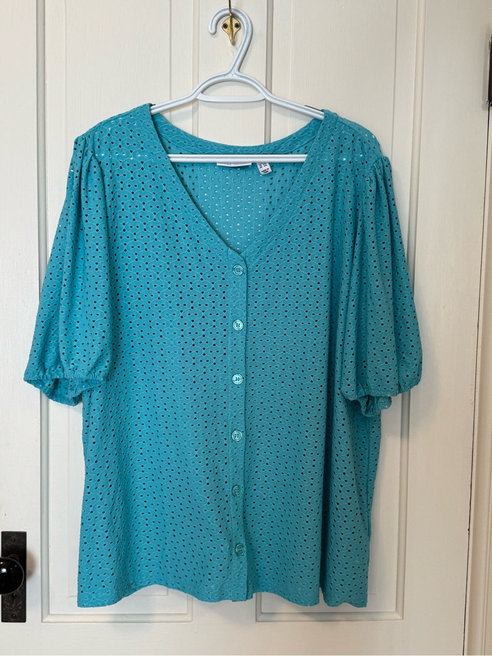 Susan Graver Turquoise Eyelet Button-Front Blouse Women's Size 3X